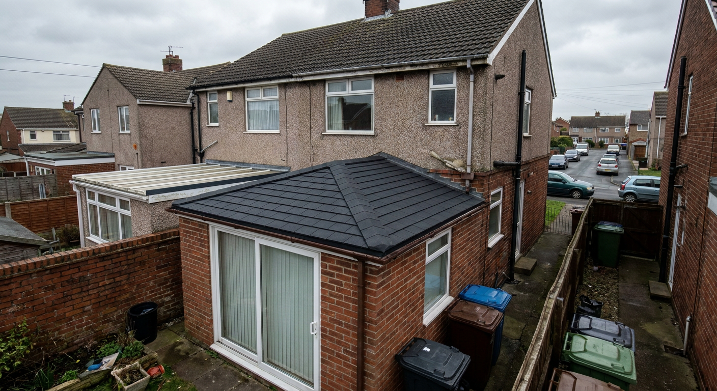 House with a finished dark tiled conservatory roof extension