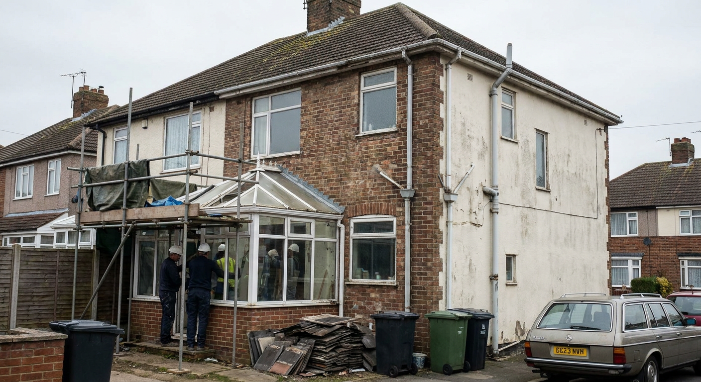 Workers on scaffolding renovating a discoloured semi-detached house with an old car outside.