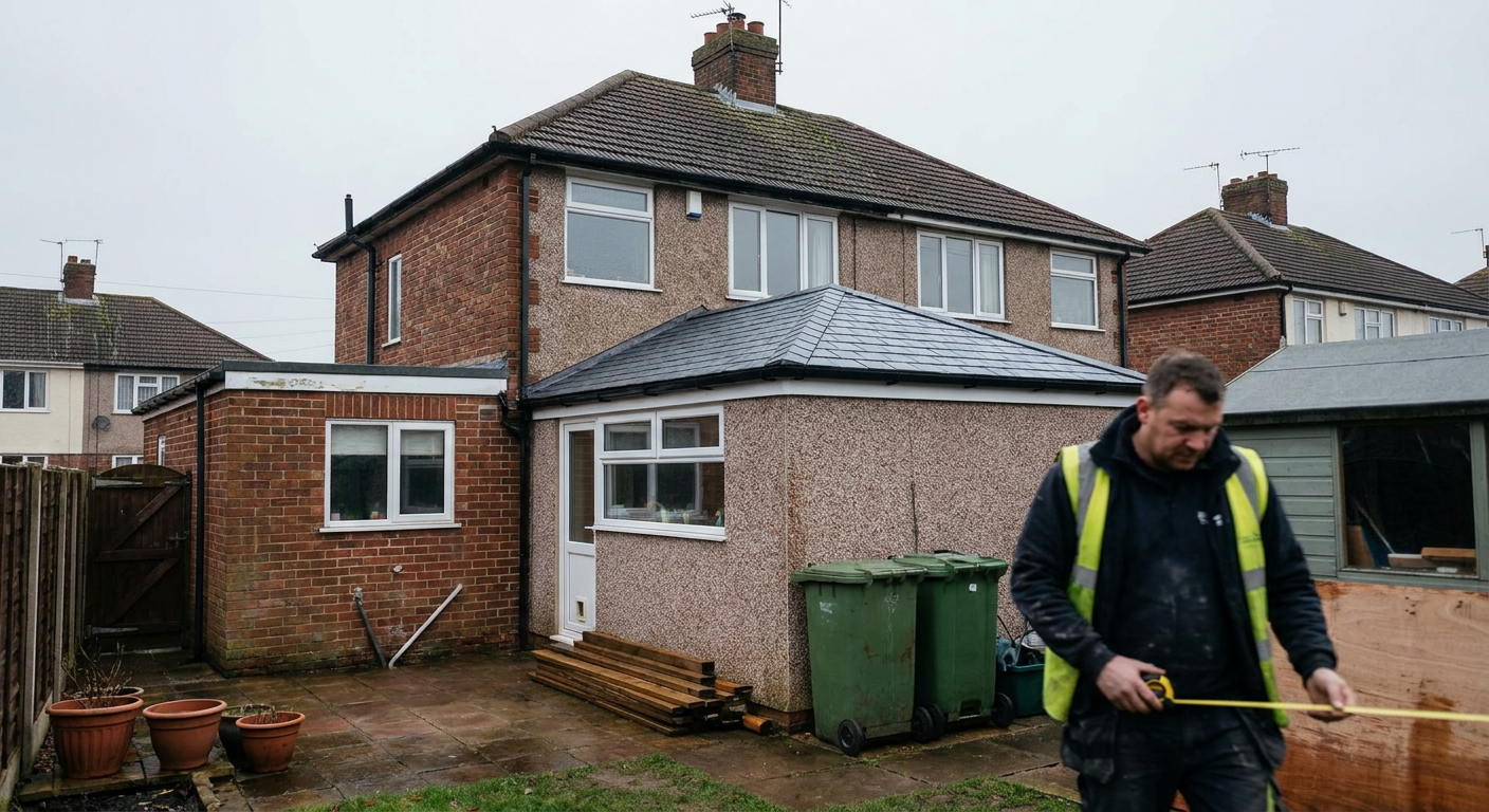 Finished slate-effect tiled conservatory roof on a semi-detached house with a worker in hi-vis