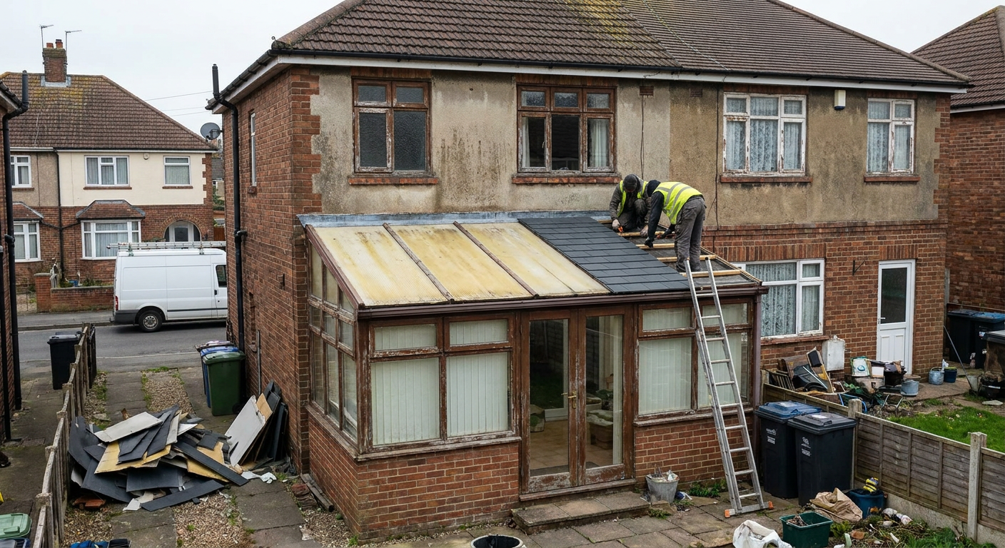 Workers fitting a tiled roof on a grimy, weathered conservatory extension.