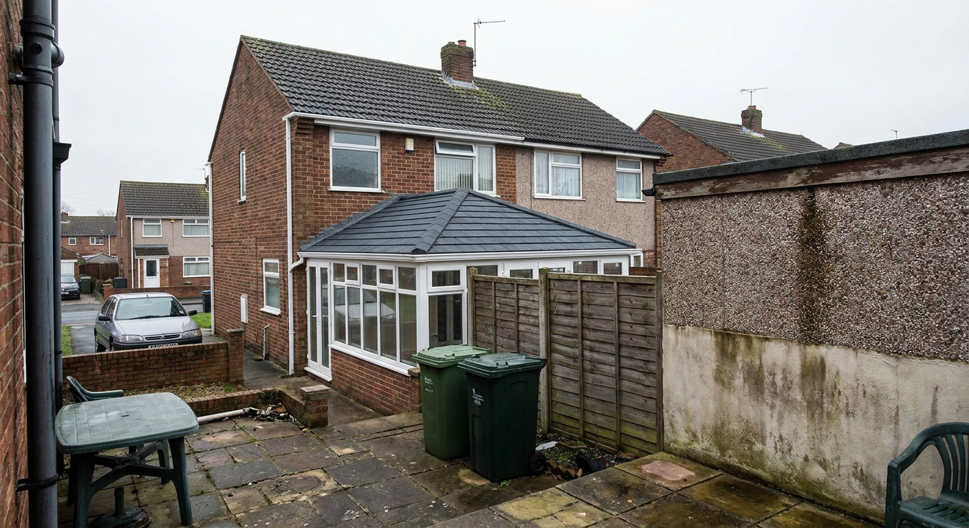 Semi-detached house with a finished grey tiled conservatory roof