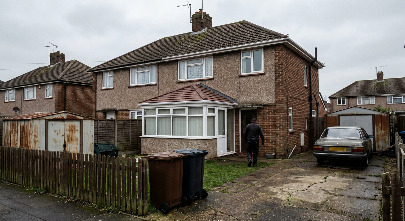A semi-detached house with a newly tiled conservatory roof and a man walking toward the door.
