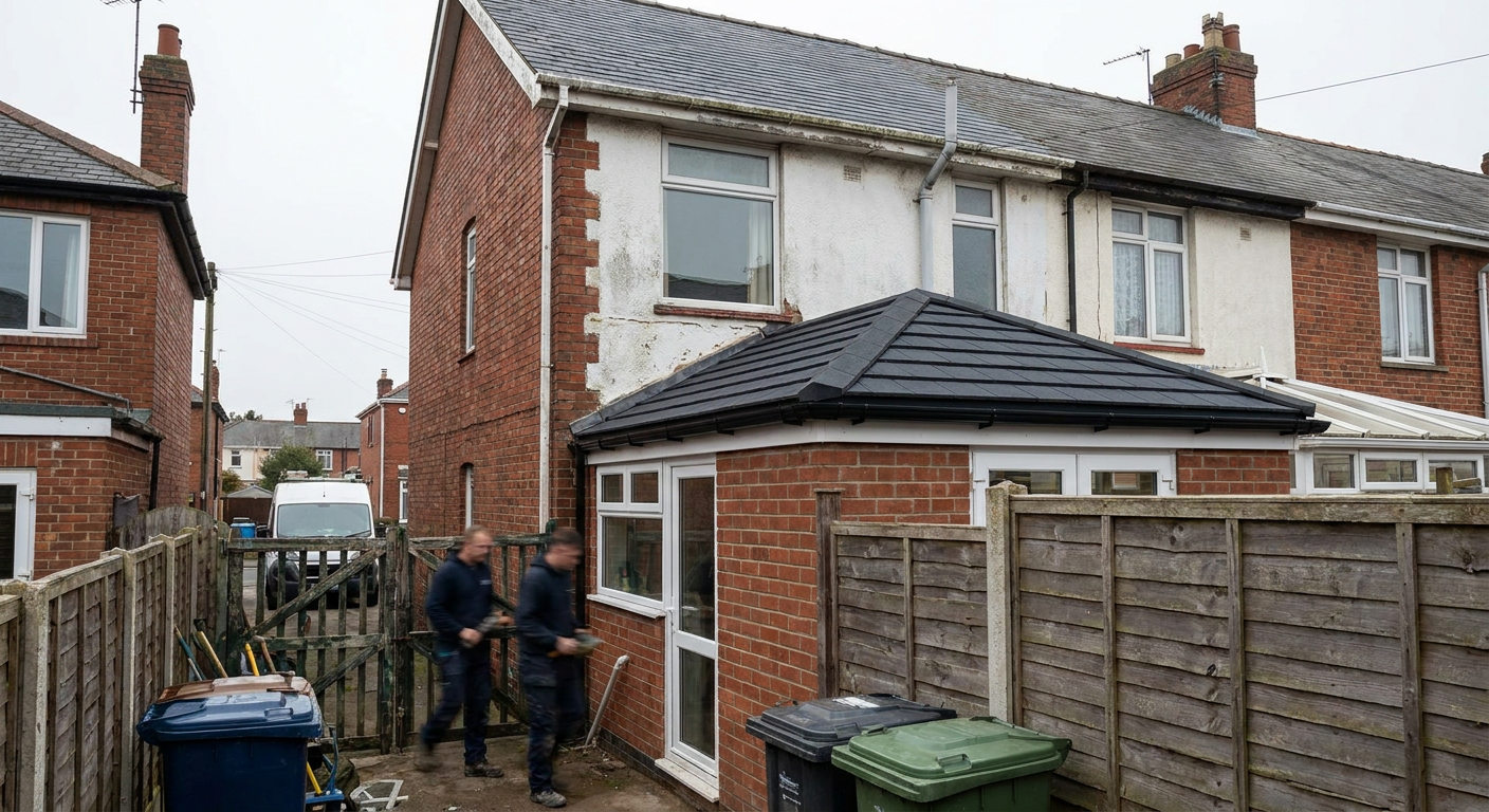 Two workers walk past a house with a new tiled conservatory roof fitted at the rear.