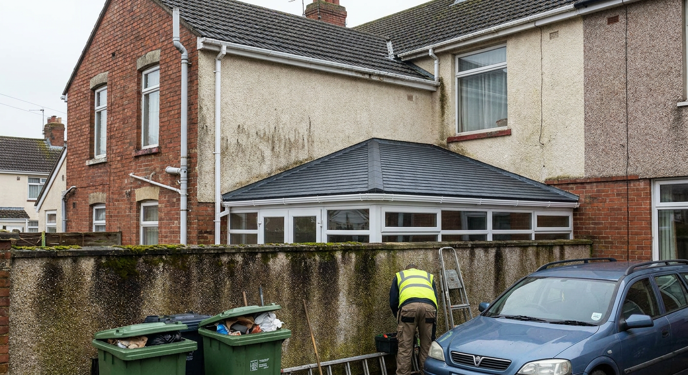 A worker in hi-vis inspects a house with a new tiled conservatory roof and parked car nearby.