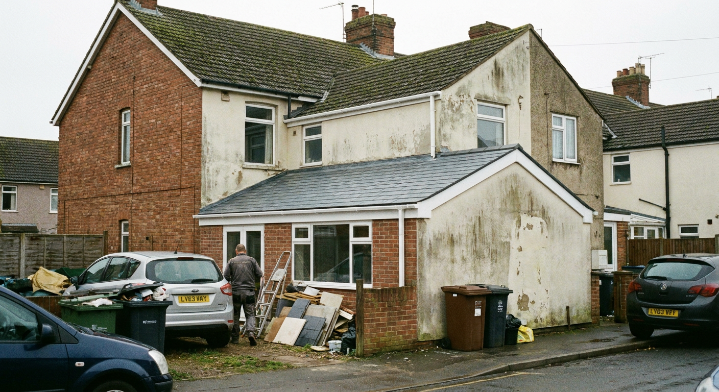 A man works beside a house with a new tiled conservatory roof and nearby building debris.